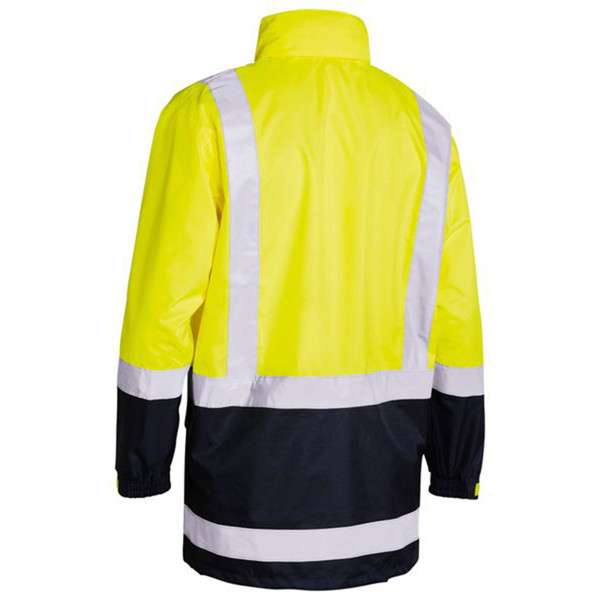 Hi-vis safety rain jacket in fluorescent yellow and navy with reflective silver tape on torso and sleeves
