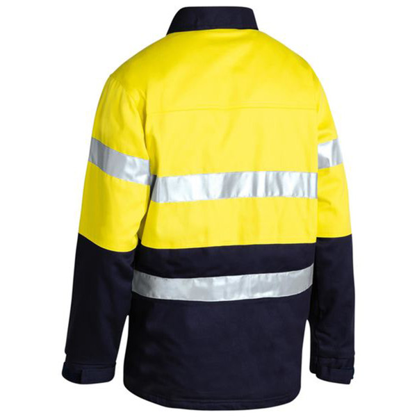 Hi-vis safety jacket in yellow and navy with silver reflective tape across back and sleeves