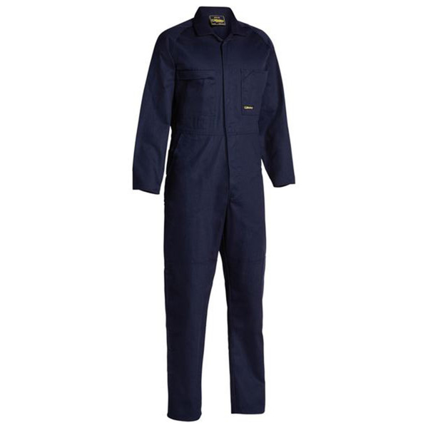 Navy drill coverall with chest pockets and reinforced knees laid flat on white background