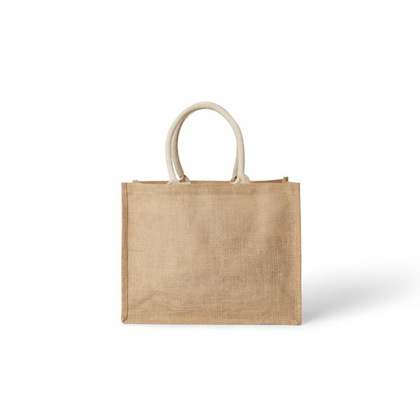 Natural jute tote bag with cream handles and large flat front panel for decoration