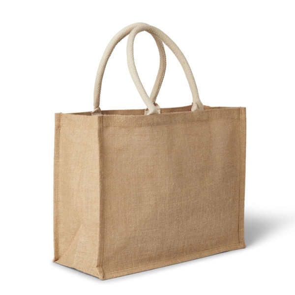 Natural jute tote bag with contrasting cream cotton handles and gusseted sides for decoration