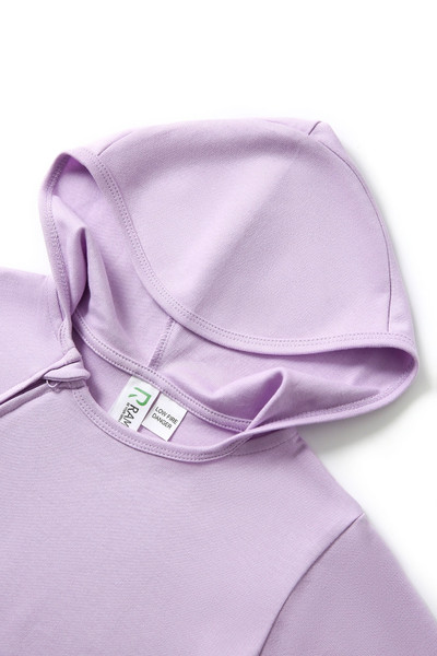 Lavender organic cotton hooded baby bodysuit with fold-over hood detail and side label