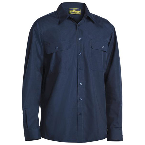 Navy long sleeve work shirt with point collar, button front, and twin chest pockets with button flaps