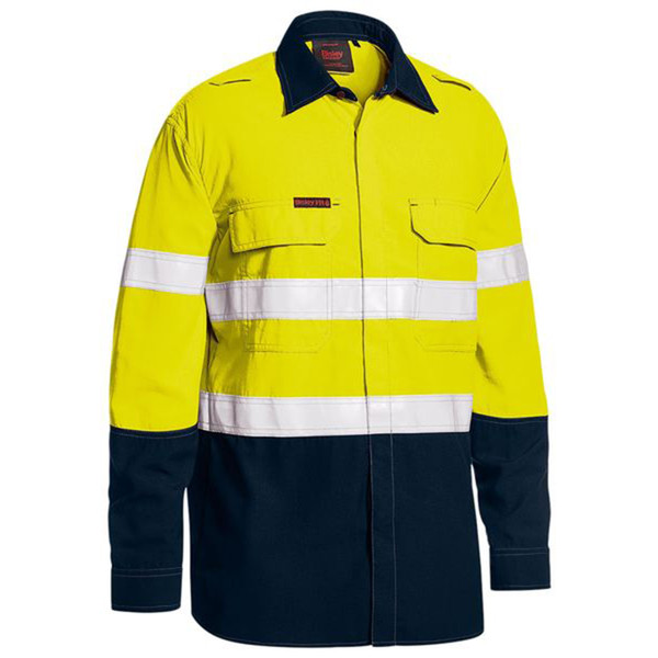 High visibility work shirt in yellow and navy with silver reflective tape and chest pockets