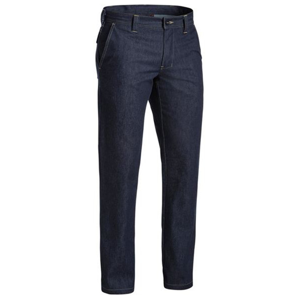 Navy denim FR work jeans with belt loops and front pockets in traditional five-pocket styling