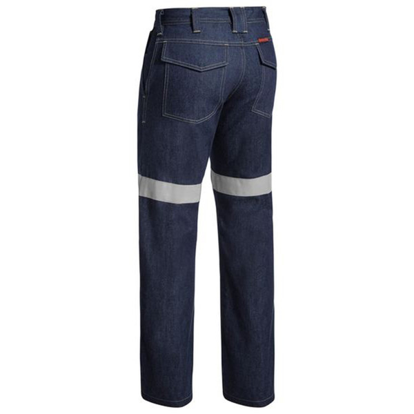 Navy denim work jeans rear view with twin silver reflective tape bands across lower legs and five-pocket styling