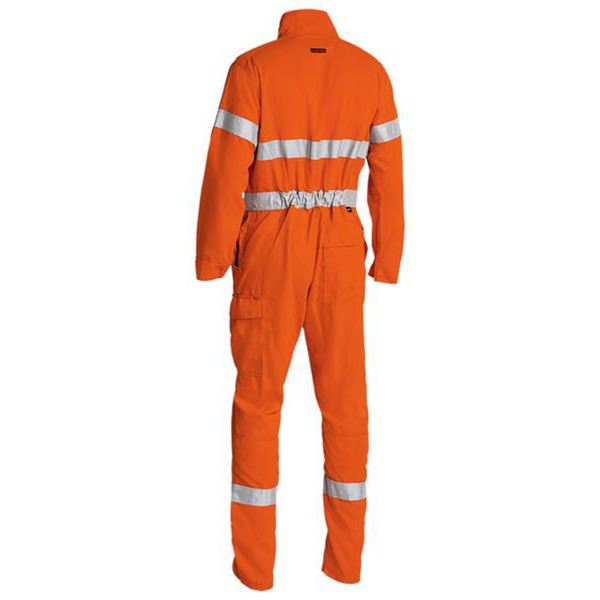 Hi-vis orange fire resistant coverall with reflective tape across back and legs, rear view