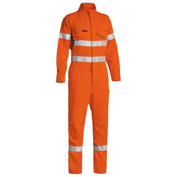 Orange flame-resistant coverall with silver reflective tape bands on torso and ankles, zip front, chest pockets