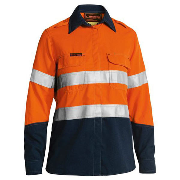 Hi-vis orange and navy work shirt with silver reflective tape across chest and navy collar