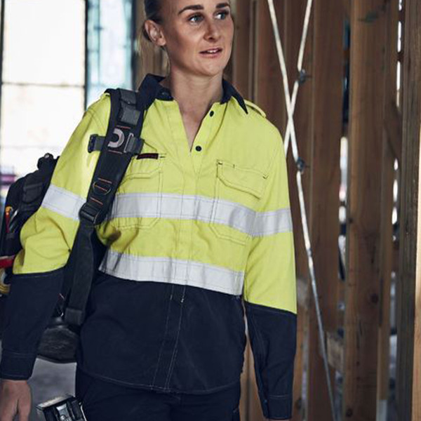 Hi-vis work shirt in yellow with silver reflective tape and navy contrast panels