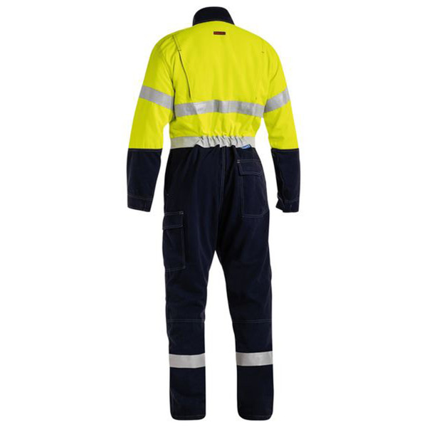 Hi-vis yellow and navy fire resistant coverall with silver reflective tape on torso and legs, rear view
