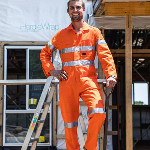 Orange hi-vis coverall with reflective silver tape on chest, arms and legs, featuring front pocket and button closure