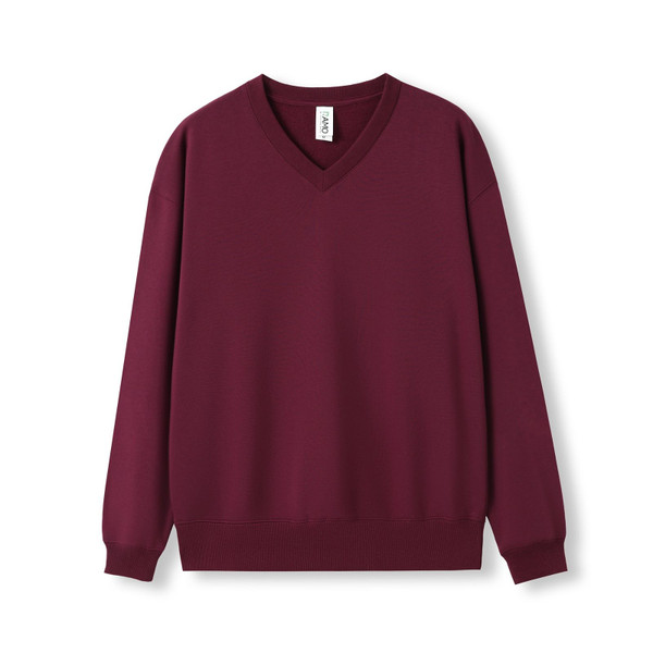 Maroon v-neck fleece sweatshirt with ribbed cuffs and hem on white background