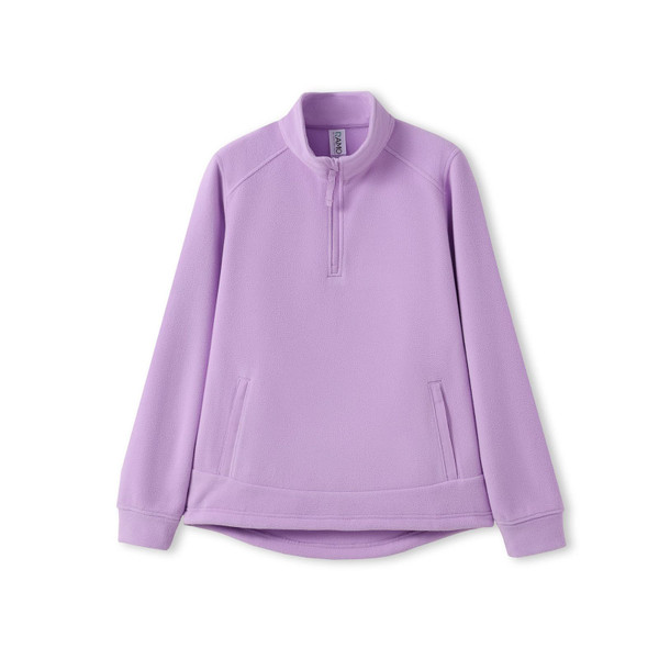 Lavender purple polar fleece half zip pullover with stand collar and front hand pockets
