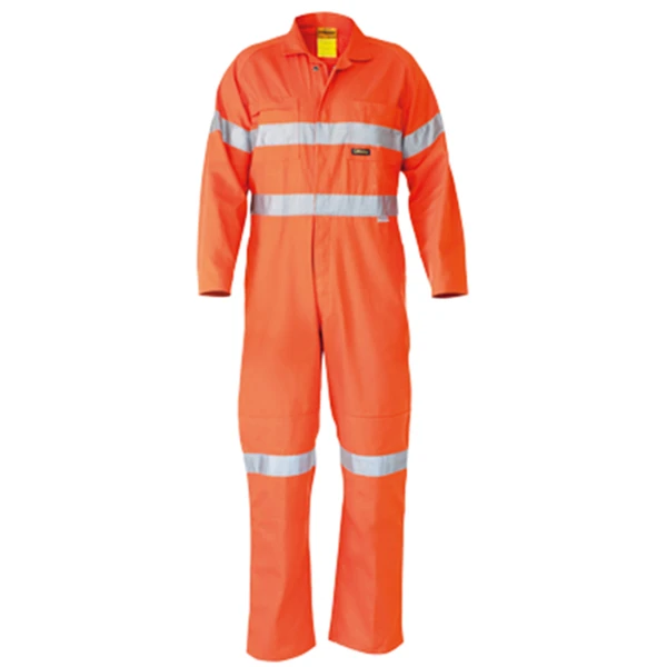 Orange hi-vis coverall with silver reflective tape across chest and legs, featuring front zip closure