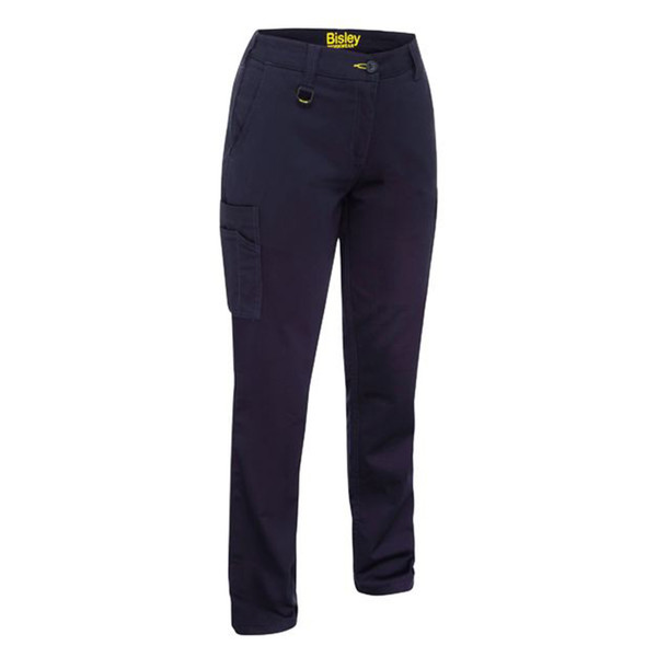 Navy stretch cargo pants with leg pocket and button waist detail for workwear decoration