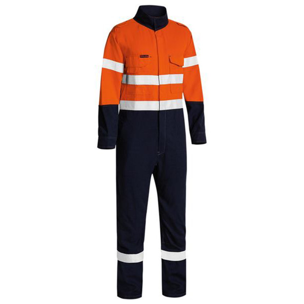 Orange and navy hi vis coverall with white reflective tape bands on chest and ankles, zip front, chest pockets