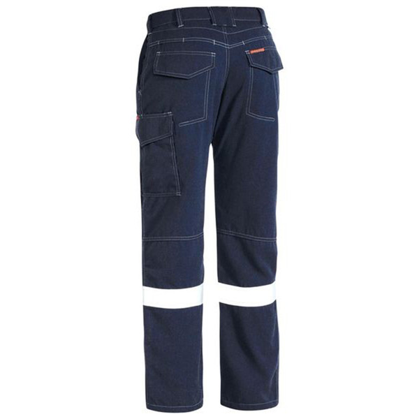 Navy cargo work pants rear view with white contrast stitching, multi-pocket design and reflective ankle tape bands