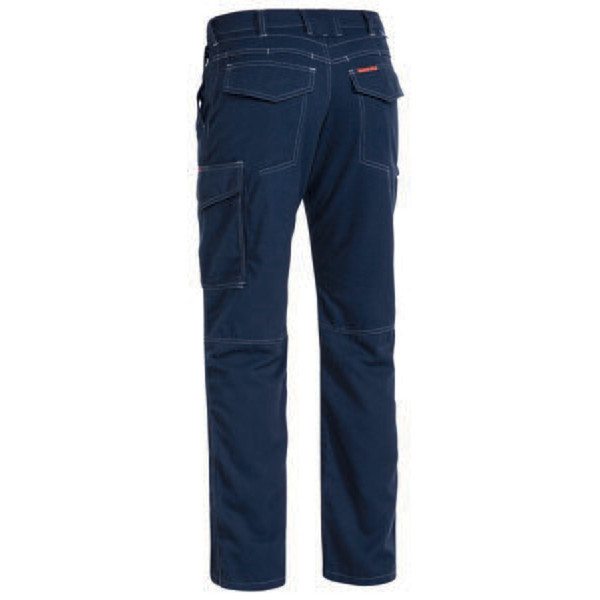 Navy blue engineered cargo pants with multiple pockets, belt loops, and contrast stitching shown from rear angle