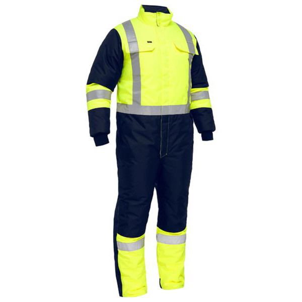 Hi-vis coverall with reflective tape, safety yellow upper and navy blue lower sections, silver striped detailing