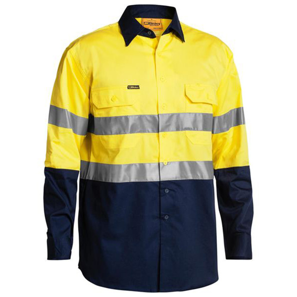 Hi-vis work shirt in yellow and navy with reflective tape, chest pockets and contrast collar
