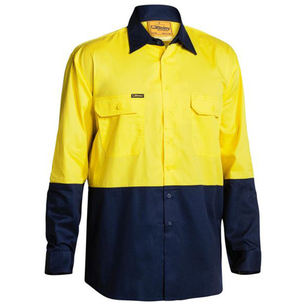 Hi-vis shirt with yellow upper panel and navy collar, chest pockets, and lower section with long sleeves