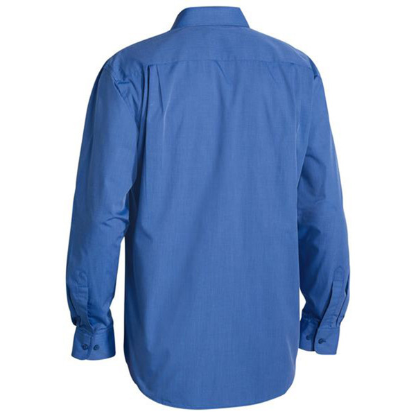 Royal blue long sleeve men's work shirt, rear view showing box pleat and button cuffs