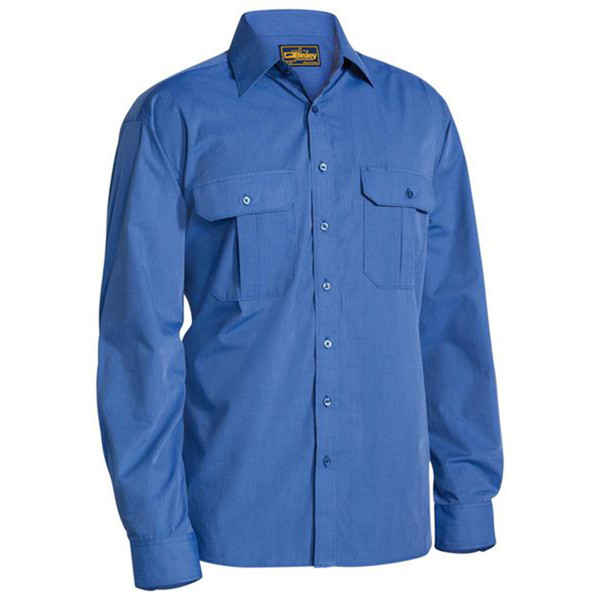 Royal blue long sleeve work shirt with twin chest pockets, button-through front and buttoned cuffs