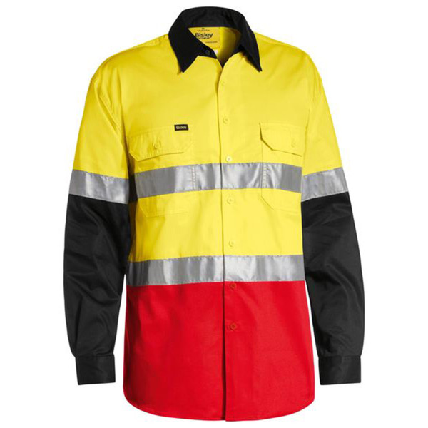 Hi vis work shirt in yellow, red and charcoal with silver reflective tape across chest and black contrast collar