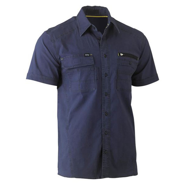 Navy short sleeve work shirt with chest pockets and pen slots on utilitarian design