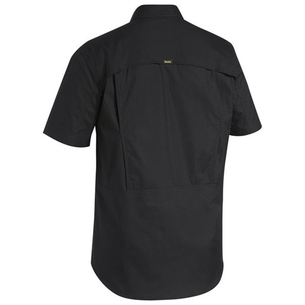 Black ripstop work shirt with short sleeves, back yoke detail, chest pocket and ventilation panel