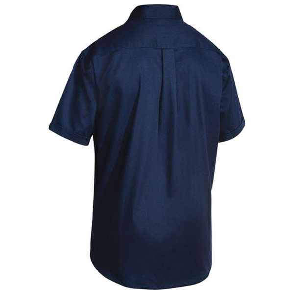 Navy cotton drill short sleeve work shirt back view with box pleat and collar
