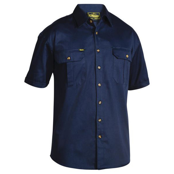Navy blue cotton drill work shirt with dual chest pockets, button front closure and short sleeves