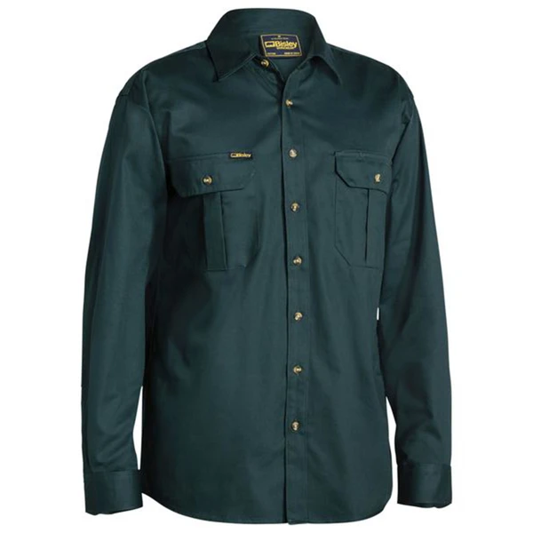 Bottle green cotton drill work shirt with dual chest pockets, button closure and long sleeves