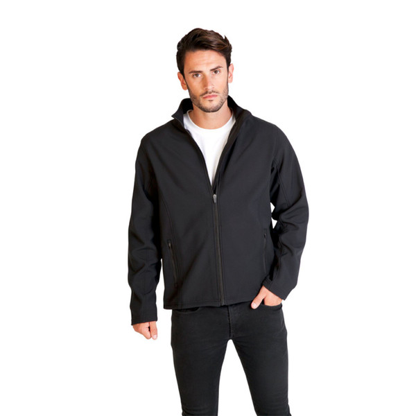 Charcoal heather soft shell jacket with full front zipper and stand-up collar on male model