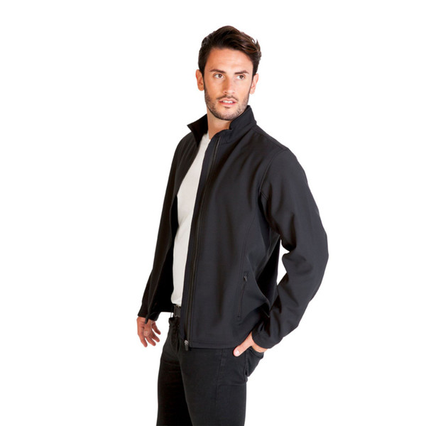 Man wearing a black soft shell jacket with stand collar, full-length zip and side zip pockets