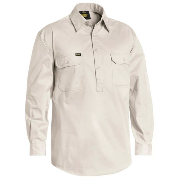 Stone long sleeve drill shirt with button placket, dual chest pockets with flaps and pen partition