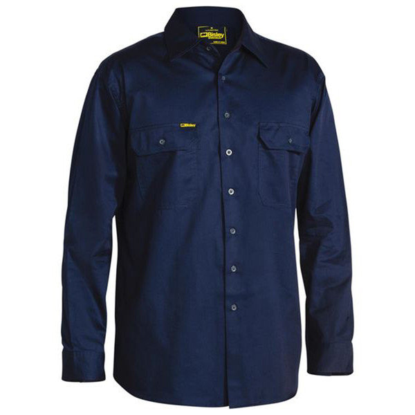 Navy blue long sleeve work shirt with button front closure and dual chest pockets with flap closures