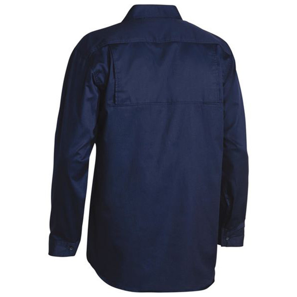 Navy long sleeve drill work shirt with collar, back yoke panel and twin chest pockets