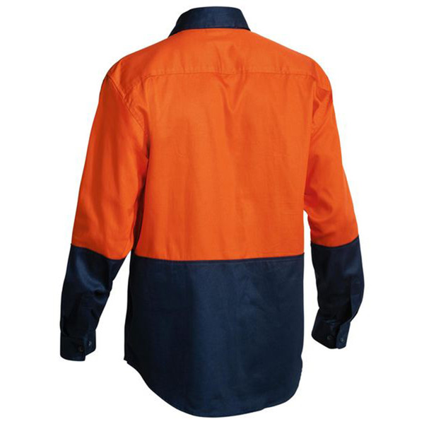 Hi-vis orange and navy long sleeve drill work shirt with contrasting colour panels viewed from back