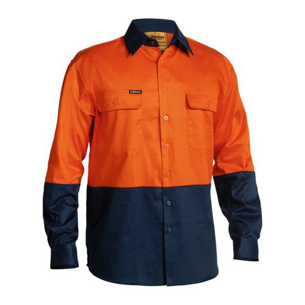 Orange and navy two-tone hi vis work shirt with chest pockets and colour-blocked long sleeves
