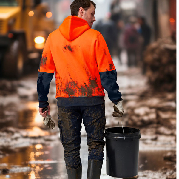 Hi-vis orange and navy two-tone fleece hoodie with colour block sleeves and water-resistant finish, viewed from back