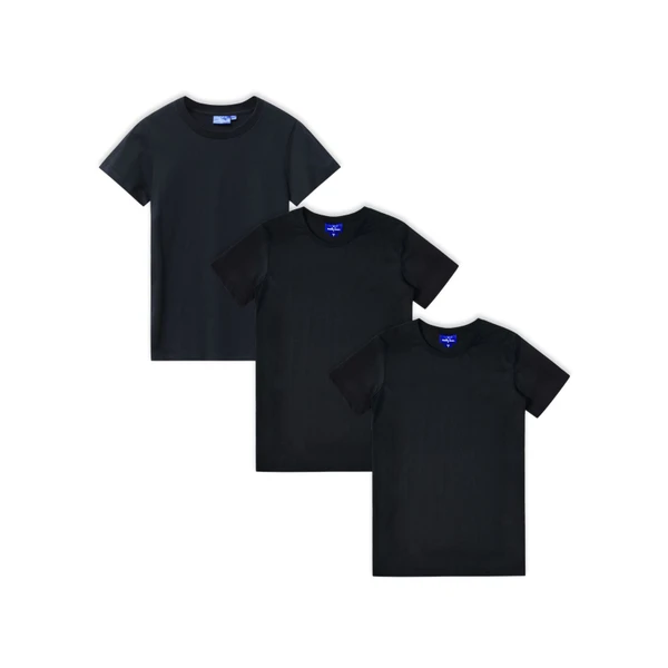Three black crew neck t-shirts with short sleeves arranged in an overlapping display