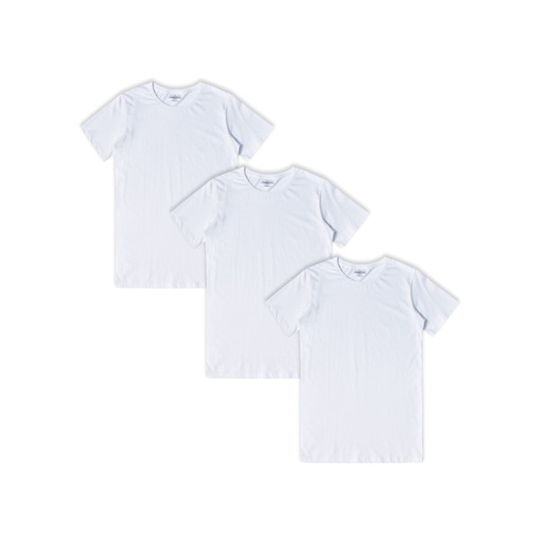 Three white premium cotton crew neck t-shirts with short sleeves displayed in flat lay arrangement