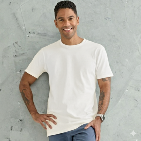 A male model wearing a white LOFT Mens Premium Cotton Tshirt with a longer body, a mid-weight, regular fit, and a crew neck.