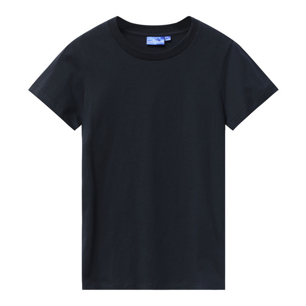 Navy crew neck t-shirt with short sleeves and smooth cotton finish featuring clean flat front panel
