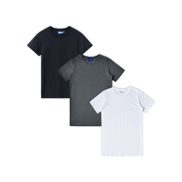 Three crew neck cotton t-shirts in black, charcoal and white with short sleeves laid flat