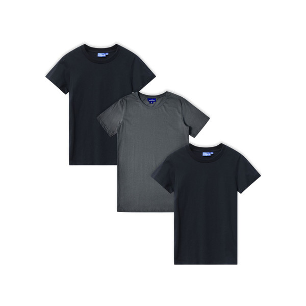 Three LOFT premium cotton crew neck tees in black, charcoal, and navy, arranged in overlapping flat lay