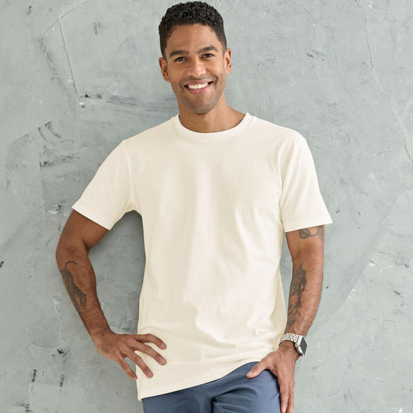 Natural cream coloured crew neck t-shirt with short sleeves and smooth cotton finish