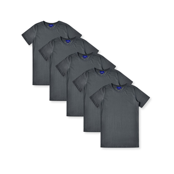 Five charcoal grey crew neck t-shirts arranged in cascading layout showing smooth cotton fabric and classic fit